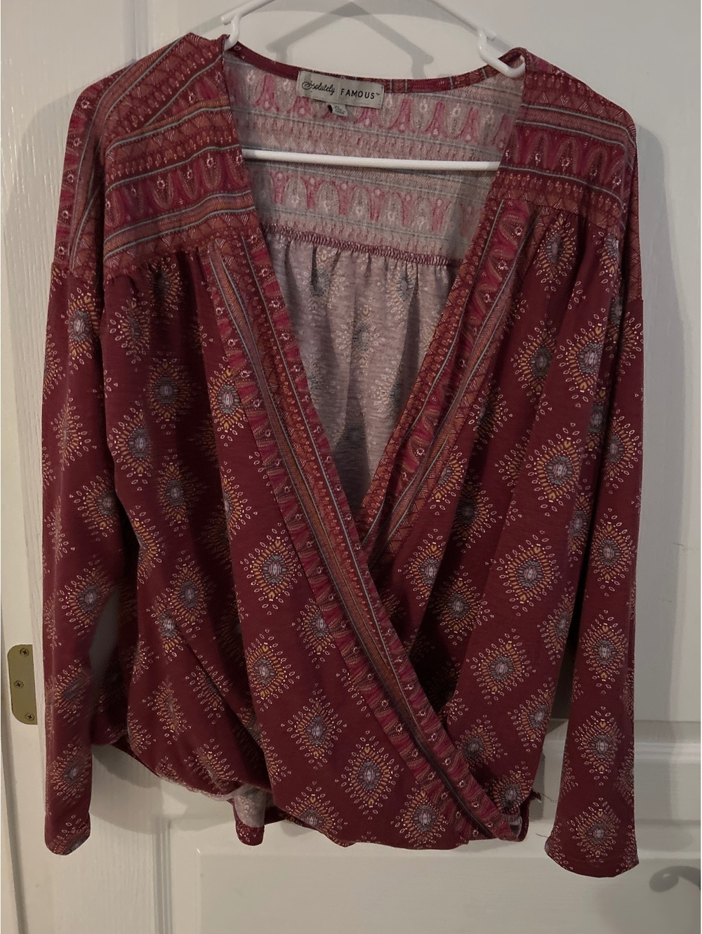 Absolutely Famous Women's XL Red Patterned Wrap Blouse